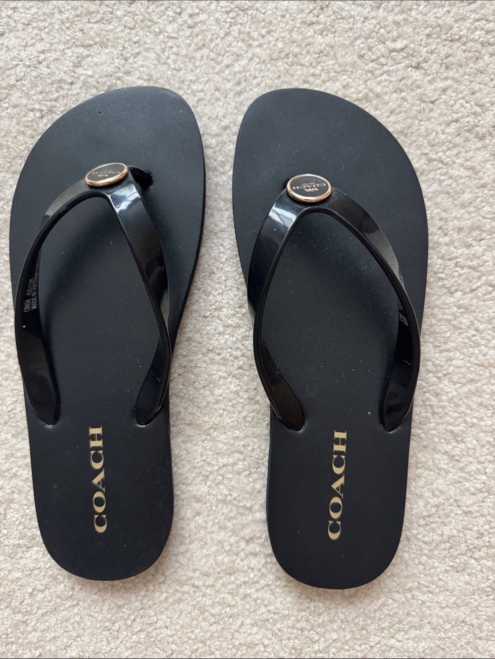 Coach Black Flip Flop Sandals with Gold Logo Accent